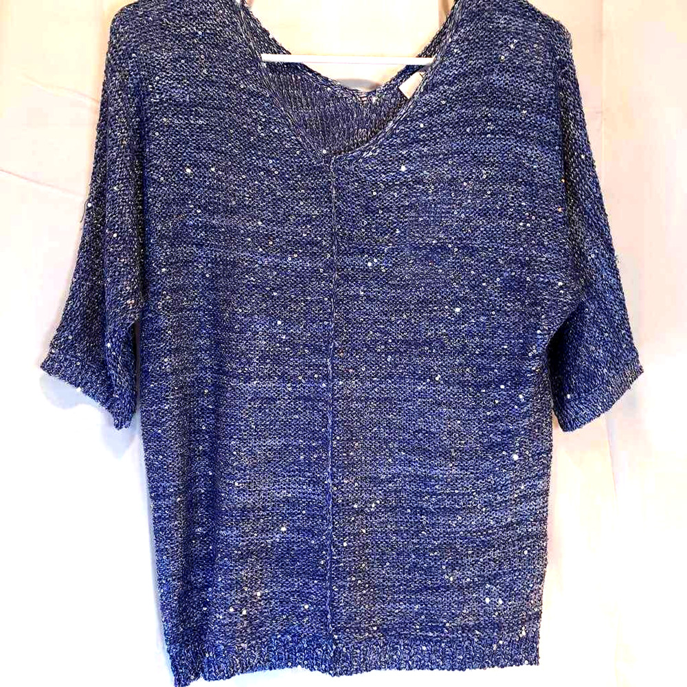 H By Halston Women's Blouse Blue Silver Marled Short Sleeve V Neck Sequined M
